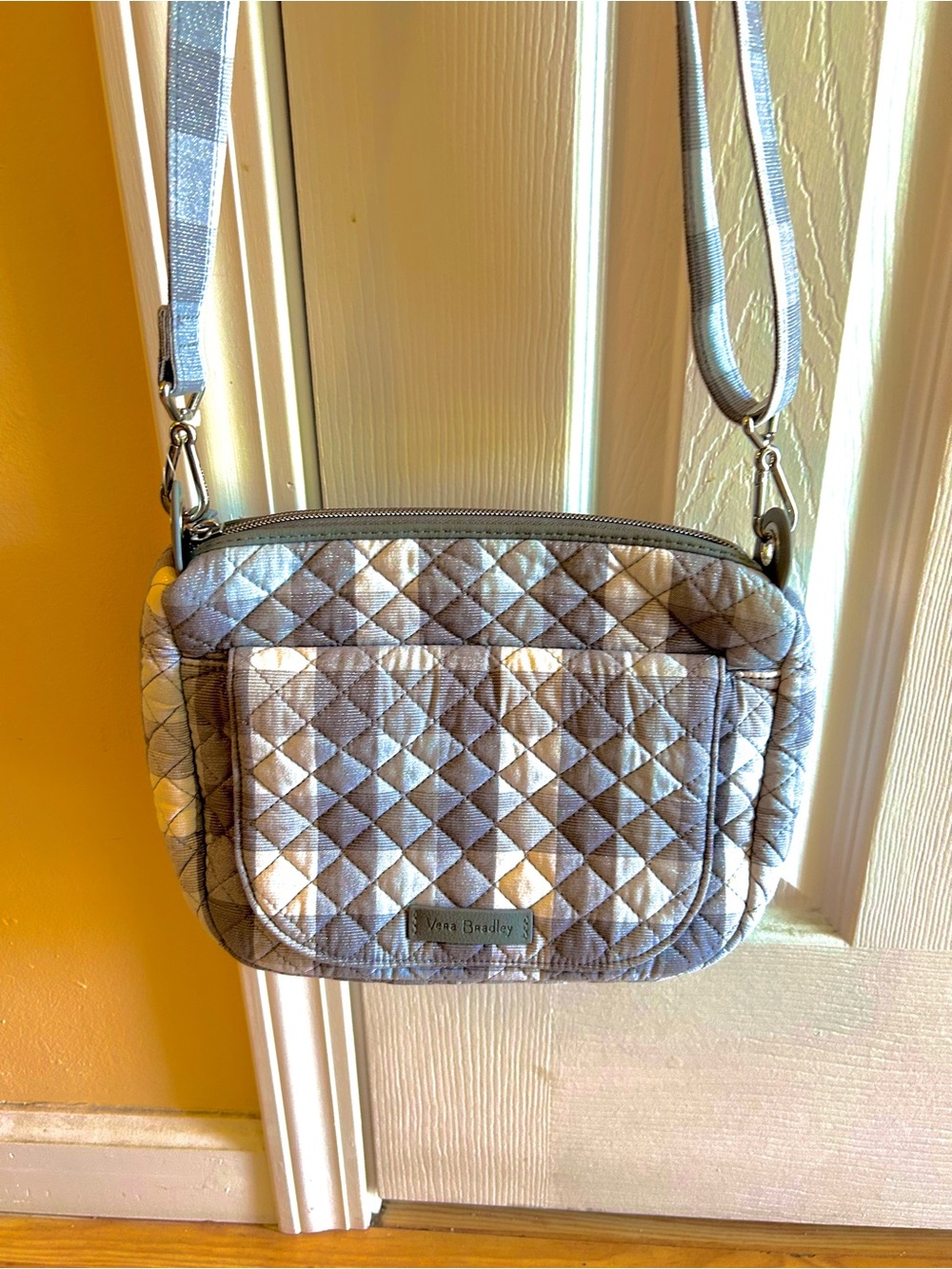 Vera Bradley Carson Mini Quilted Light Gray Buffalo Check Crossbody Bag